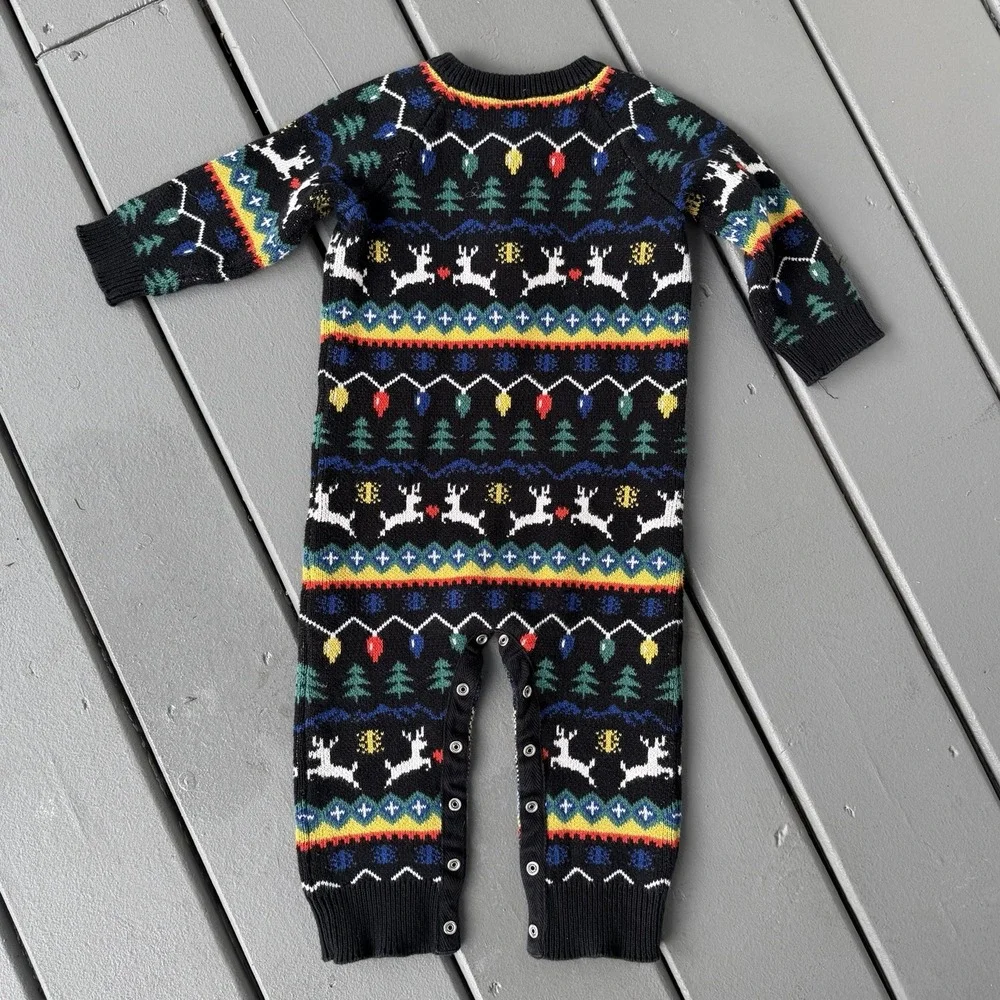 Hanna Andersson 18–24M Holiday Fair Isle‎ Reindeer Knit One-Piece Romper Nordic
